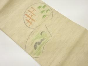 紗紬手描き丸・地紙に草木模様名古屋帯